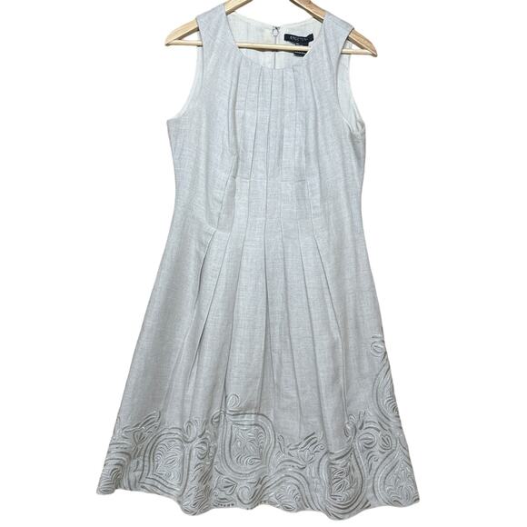 Etcetera Vintage Beige 100% Linen Embroidered Pleated Sleeveless Dress Women 10 - Picture 1 of 8